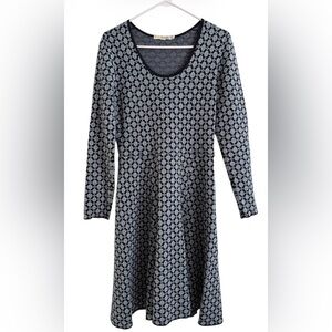 Boden Blue Metallic Lurex Cotton Knit Fit Flare Geo Print A Line Dress